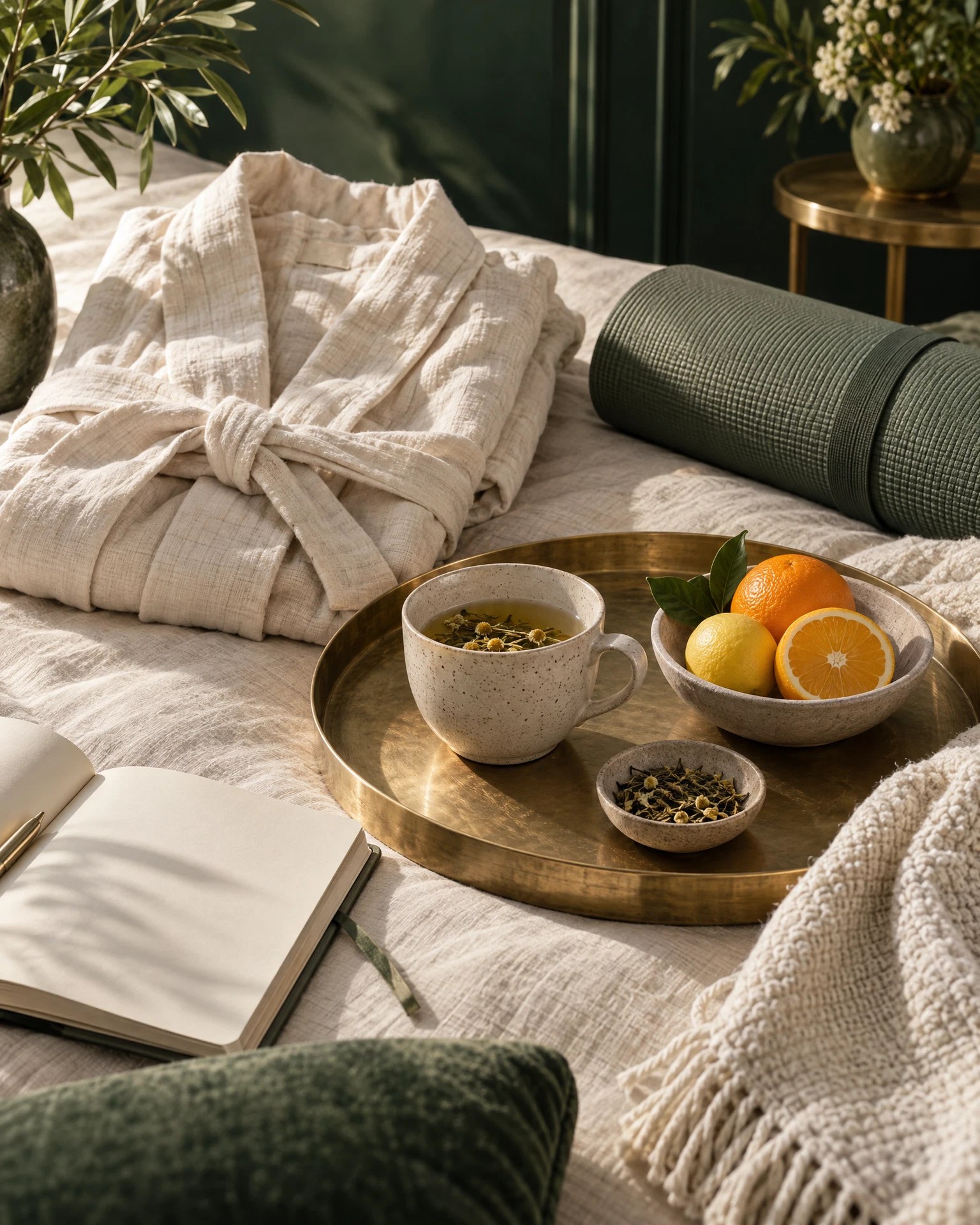 Rituel de bien-être avec tisane, linge et tapis de yoga